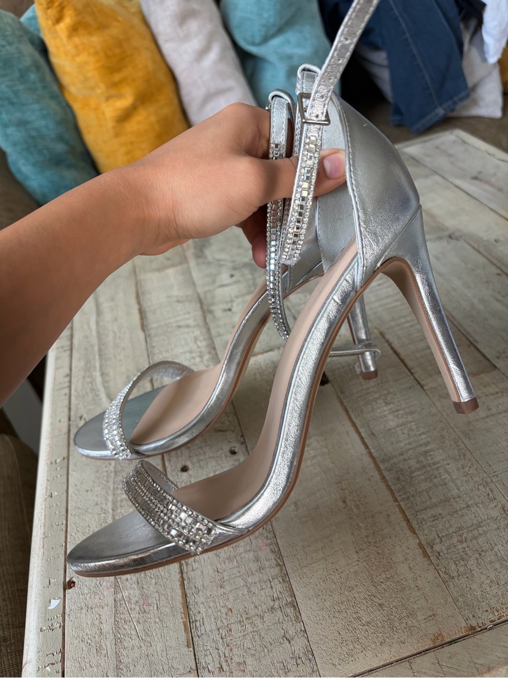 Delicious Silver Crystal-Embellished Open-Toe Ankle-Strap Heels - Picture 5 of 5